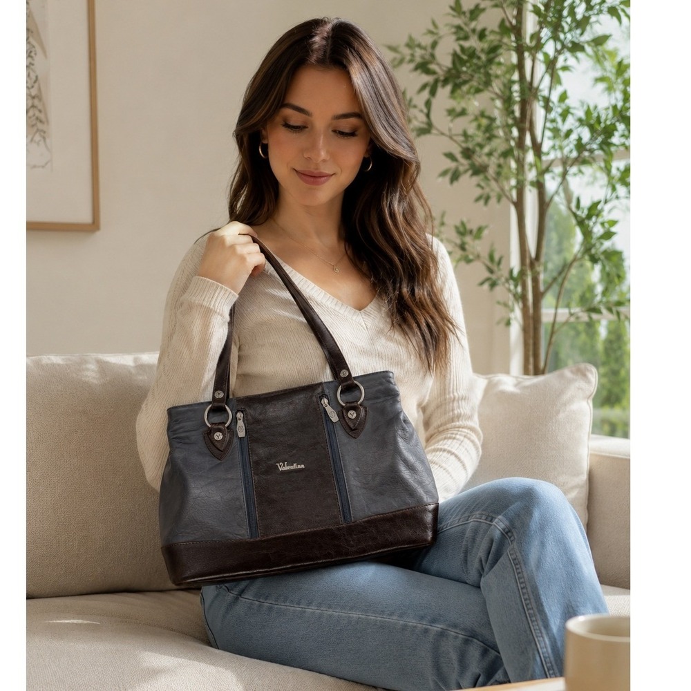 Valentina Italian Leather Shoulder Bag Blue Brown Two Tone Tote Handbag